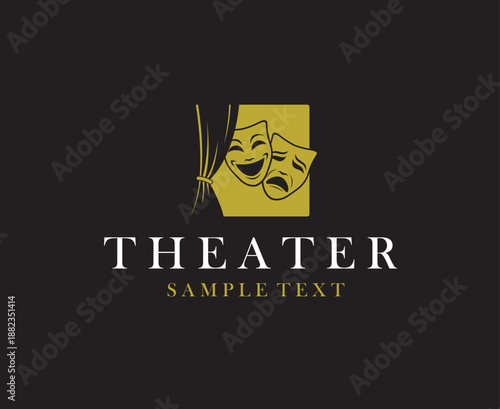 golden icon of comedy and tragedy theatrical masks isolated on black background