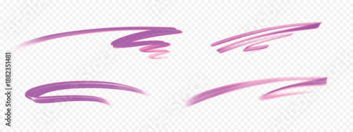 Pink marker strokes and highlights of pen. Set of hand-drawn brush lines isolated on transparent background