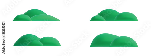 Set of 3D grass hills. Cute cartoon green mountains isolated on white background