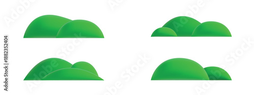 Cartoon 3d green grass hills. Set of cute rendered landscape icons isolated on white background