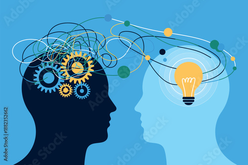 An illustration of two human heads with one having a lightbulb and the other having gears in their minds.