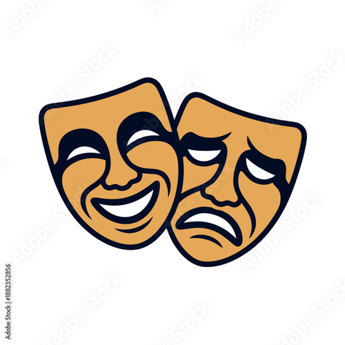 A cartoon illustration of comedy and tragedy masks on a white background