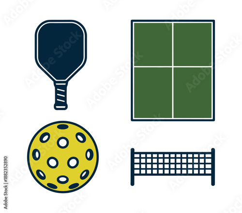 A graphic illustration of pickleball equipment and court on a white background