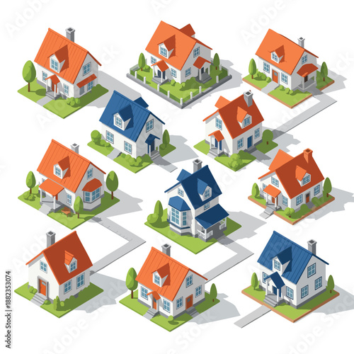 Isometric Houses Collection: Diverse Residential Architecture for Real Estate and Cityscape Design.