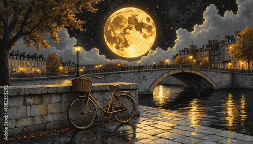 Scenic view of bicycle by riverbank under full moon at night  