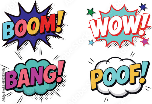 Comic speech bubbles with explosion and surprise words