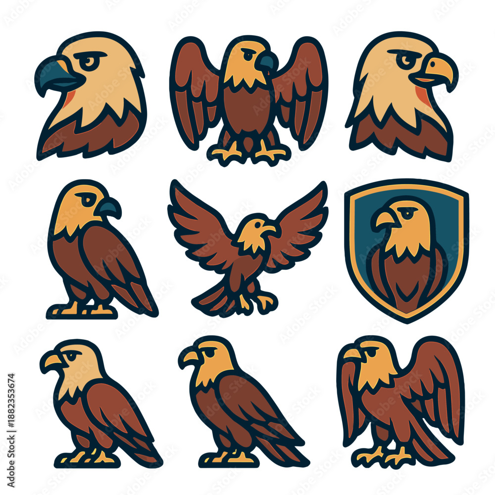 Naklejka premium Collection of eagle emblems and icons in various poses and styles
