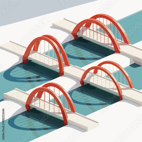Modern Red Arch Bridges Over Turquoise Water.