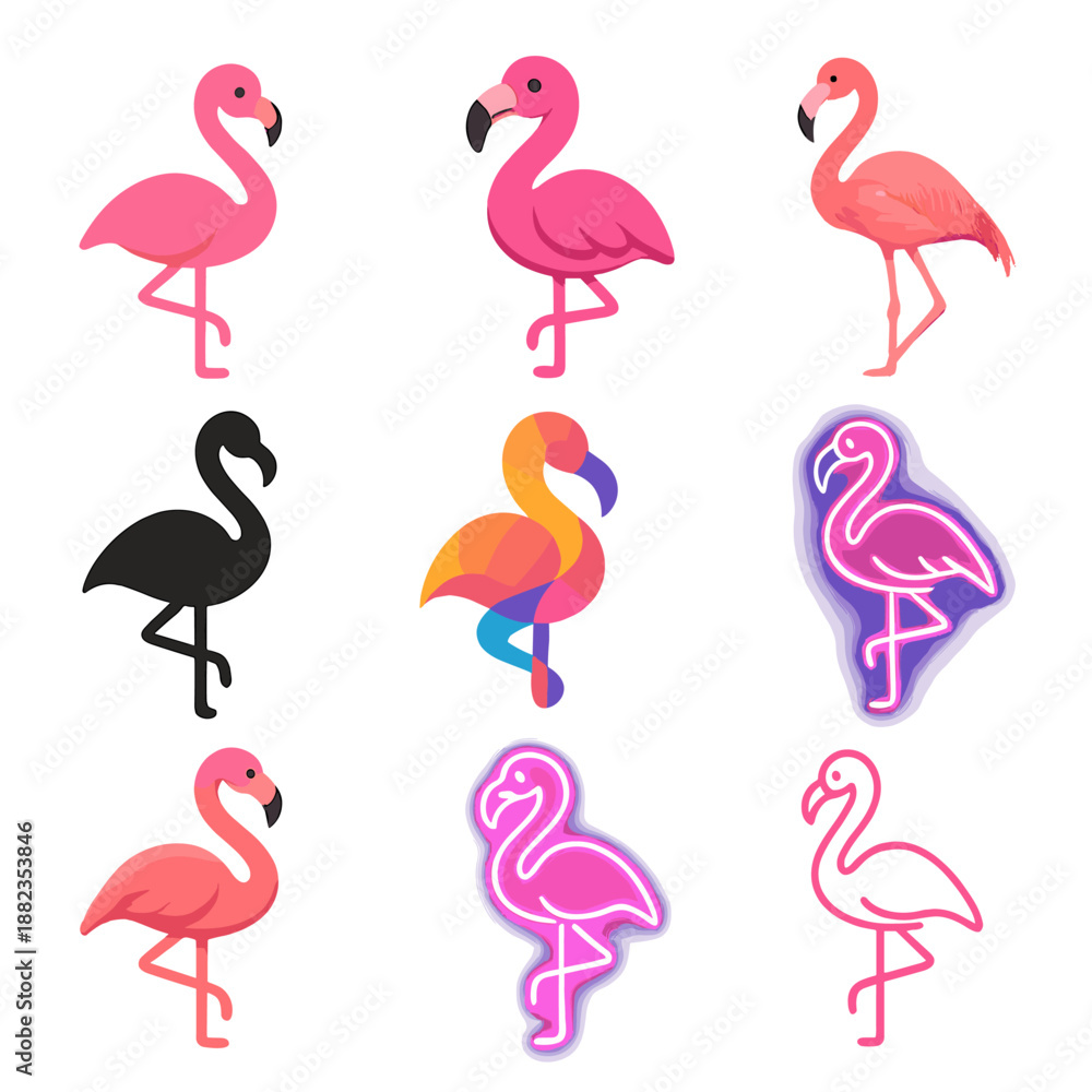 Naklejka premium Variety of flamingo designs: neon, minimalist, and vibrant styles