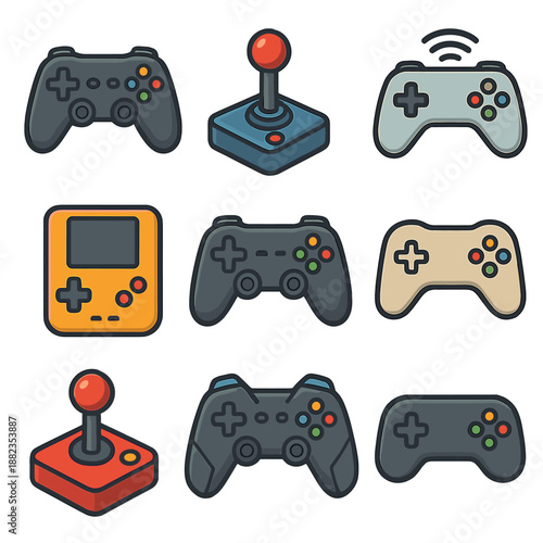 Vintage and modern game controllers collection with colorful icons
