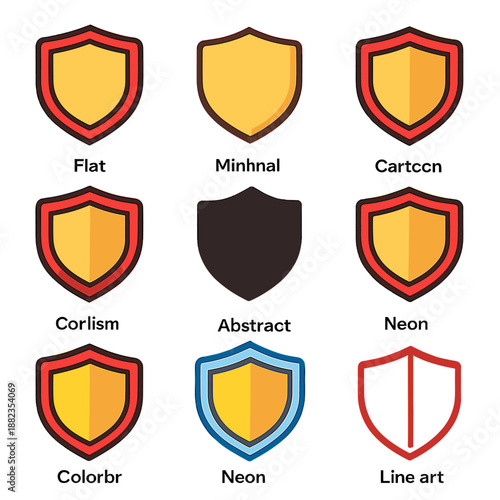 Free Download Nine shield designs: flat, minimal, cartoon, abstract, neon, colorful, line art - GFXLoad