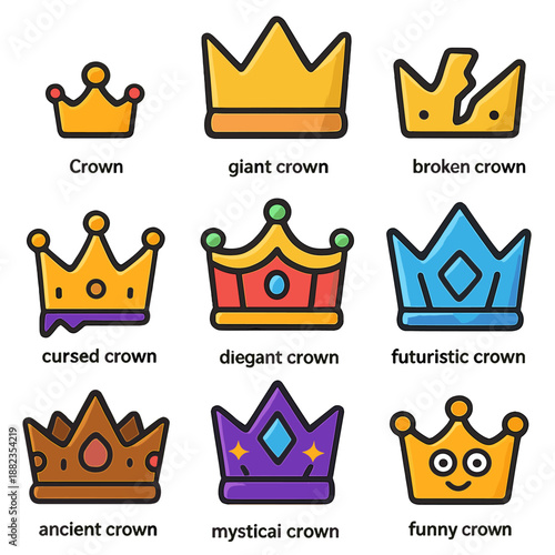 Collection of diverse crown icons featuring unique and playful designs