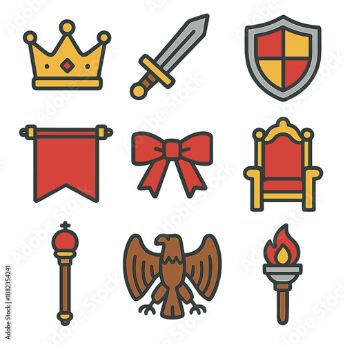 Medieval icon set: crown, sword, shield, banner, throne, torch, scepter, eagle, ribbon