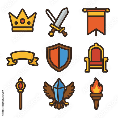 Medieval icon set featuring crown, sword, banner, shield, and throne