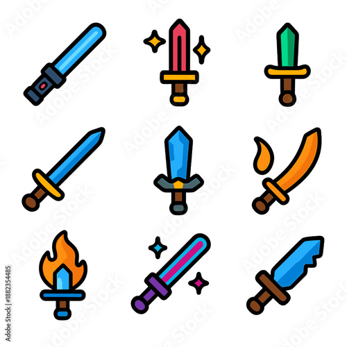 Colorful cartoon swords collection with vibrant designs and bright background