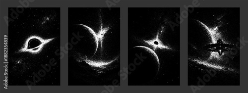 Stipple cosmic background with stars, black hole, and planet. Space vector dot texture for design element, wallpaper, banner.