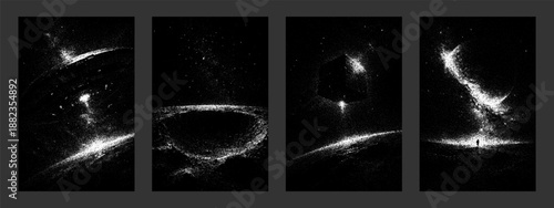 Celestial stipple art composition showing cosmic elements like planets, stars, and abstract forms. Futuristic space scene wallpaper for digital design.