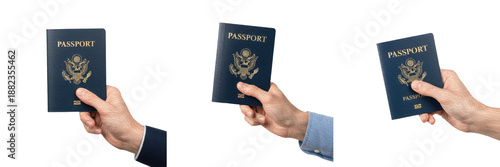 Tableau sur toile Set/Collection of passport hand holding, travel document and identification, int