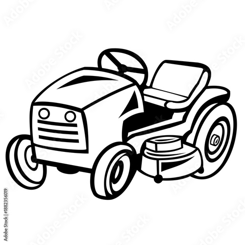 Cartoon style illustration of a ride-on lawn mower mowing viewed from side on isolated white background done in black and white.