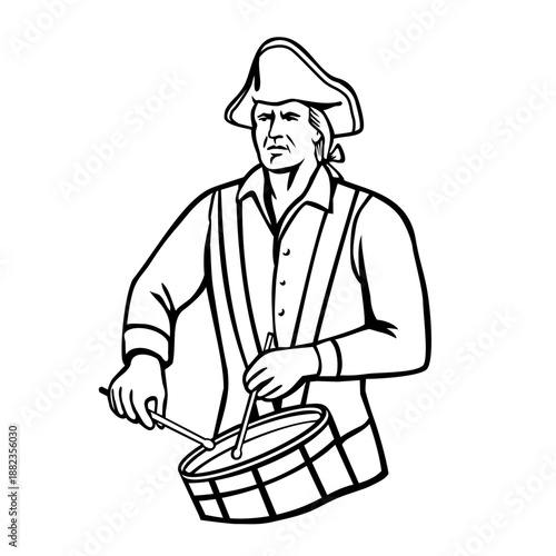 Retro logo style illustration showing American patriot drummer marching with drum drumming viewed from front done in black and white on isolated white background.