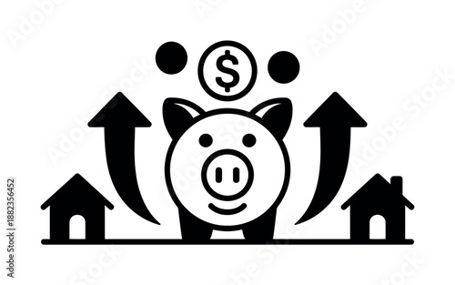 A black and white illustration of a piggy bank with houses and arrows representing financial growth and savings.
