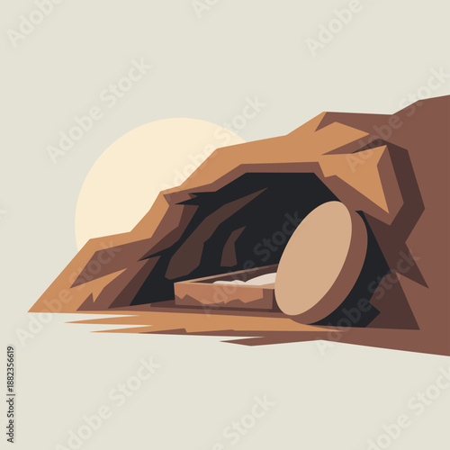 A serene desert landscape featuring a cave with a large stone rolled in front of it at sunset