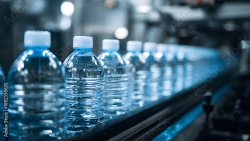 Bottles filled with purified drinking water move steadily along a conveyor belt in a large industrial bottling factory, ensu a clean and efficient process.