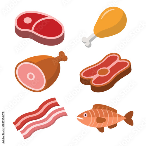 A variety of raw meat and fish on a white background