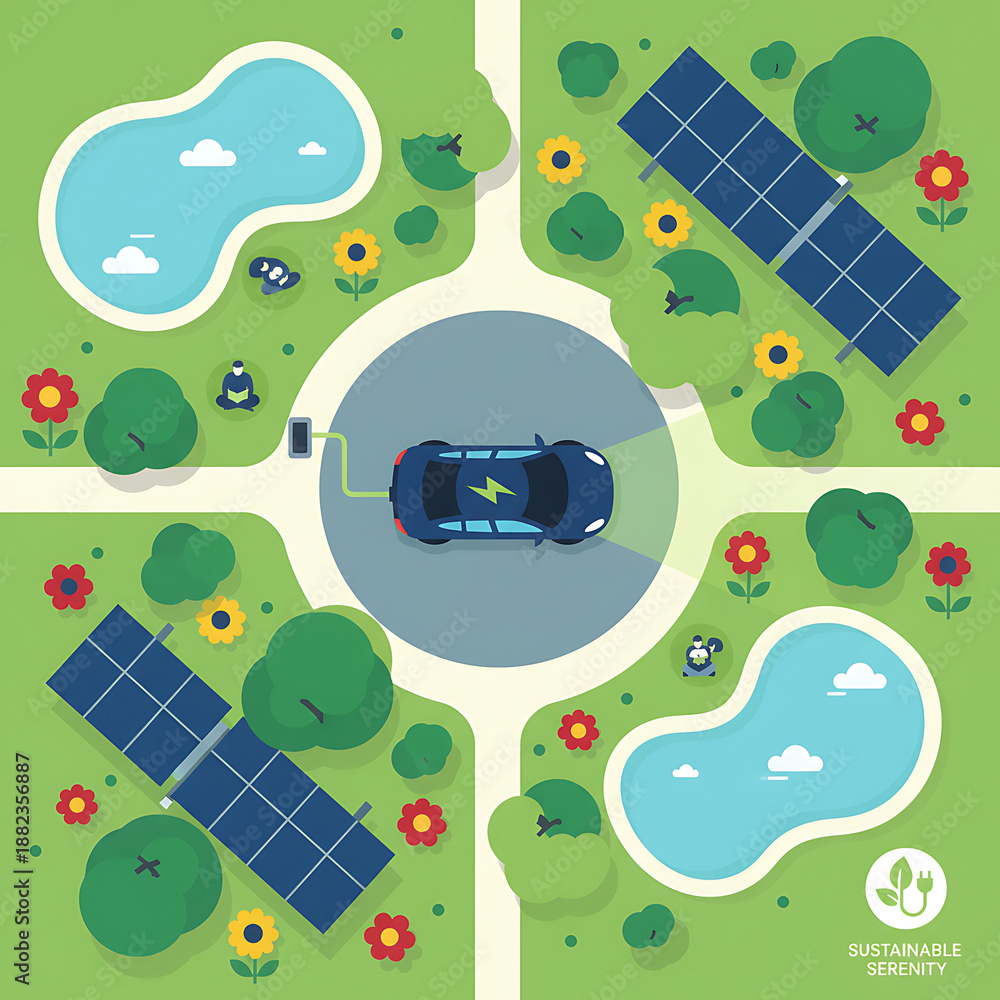 Naklejka premium sustainable energy community features electric car charging from solar panels showcasing green living and urban planning for eco-friendly infrastructure