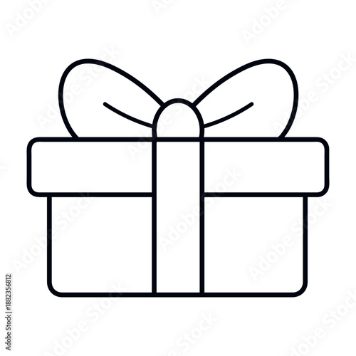 Clean line art illustration of a gift box with ribbon bow. Minimal outline design for holiday, birthday, wedding, coloring page, greeting card, packaging, stickers. Hand drawn. Vector. Isolated.