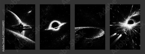 Four vertical stipple backgrounds showing outer space concept. Celestial objects, black holes, and galaxies. Background for digital artwork.