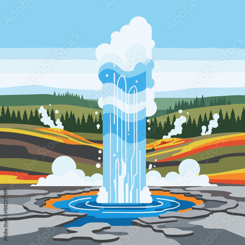 yellowstone park geyser eruption vector landscape