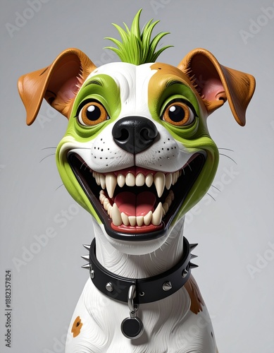 Dog with a white body and brown patches, with an exaggerated green head with a wide grin and sharp cartoonish teeth, wearing a spiked collar, blending canine traits with surreal, grotesque humor.