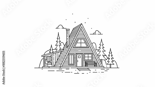 Minimalist A-frame cabin in a serene forest setting.