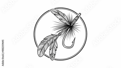 Hand-drawn fly fishing lure with feathers in a circular frame.