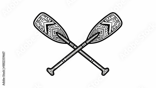 Crossed canoe paddles with intricate tribal patterns.