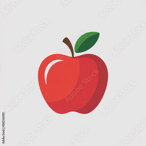 A vibrant red apple icon with a green leaf and brown stem on a light gray background