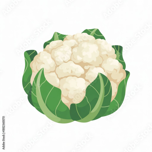 A vibrant illustration of a fresh cauliflower with green leaves on a white background