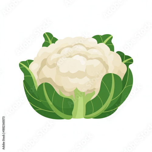A vibrant vector graphic illustration of a fresh cauliflower with green leaves on a white background