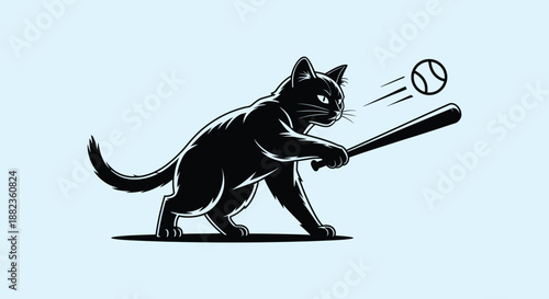 Action Black Cat Baseball Batter Vector - Dynamic Kitten Hitting Ball with Bat