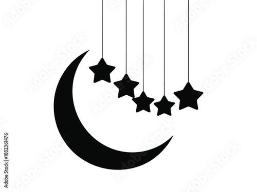 Minimal Ramadan Mubarak greeting with crescent moon and hanging stars,