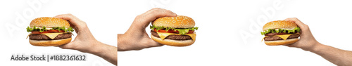 Set/Collection of human hand holding burger, fast food meal with juicy beef patty, fresh ingredients, street food, restaurant and tasty snack concept isolated on transparent PNG background