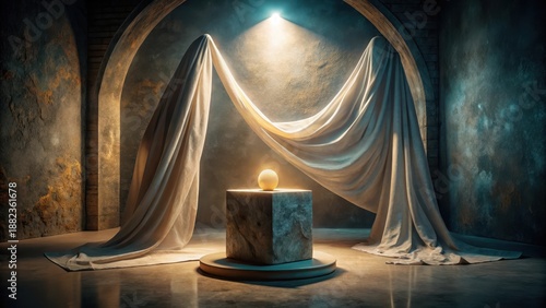 Illuminated Sphere on Stone Cube Base Draped with Fabric in Archway Setting