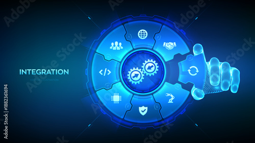 Integration data system. System Integration concept. Industrial smart technology. Business automation solutions. Hand places an element into a composition visualizing Integration. Vector illustration.