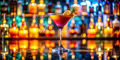 A vibrant cocktail garnished with citrus and herb, sits on a reflective bar top;  colorful bottles and warm candlelight blur in the background, creating a sophisticated ambiance.