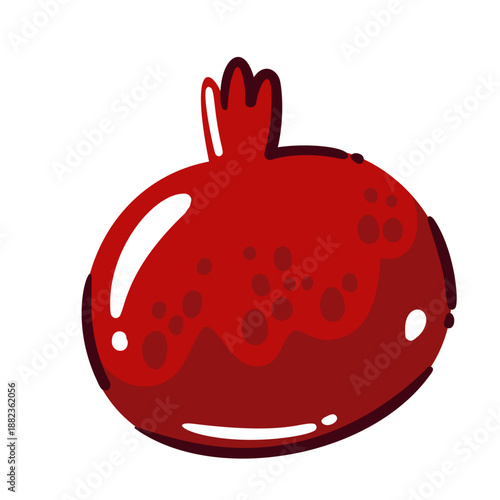 Pomegranate fruit icon with glossy red skin and crown top. Ripe pomegranate shape with textured surface, suitable for food, menu, packaging themes. Fresh fruit symbol. Cartoon vector illustration.