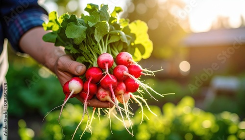 Farmer Hand Holding Freshly Harvested Radishes With Green Leaves In Warm Golden Sunlight Over Garden Background