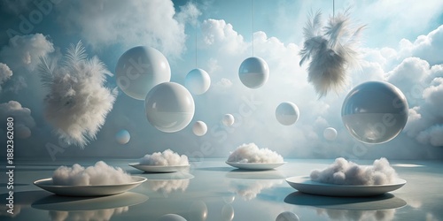 Ethereal white spheres and fluffy cloudscapes create a serene and dreamlike composition, suspended in a tranquil azure sky, evoking a sense of peaceful contemplation and imaginative wonder