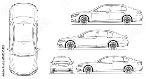 Modern Sedan Car Blueprint - Top, Side and Rear Views for Automotive Design and Engineering Concepts.