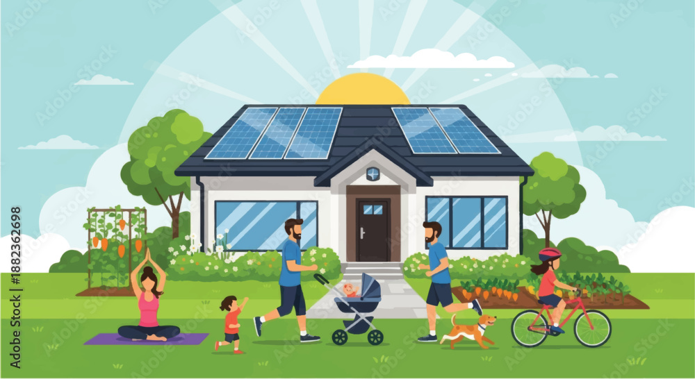 Obraz premium Family enjoying life at a solar powered house.